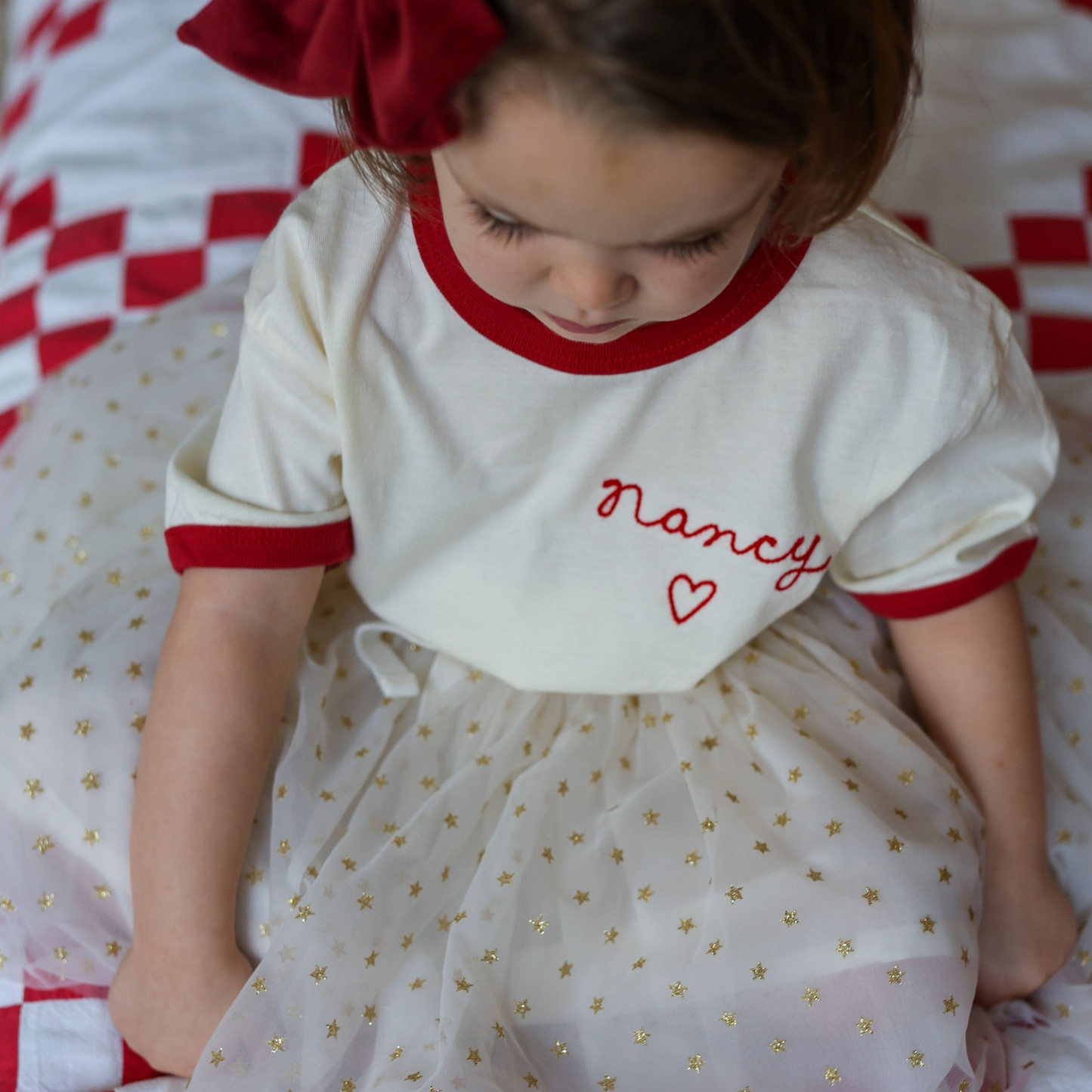 Spil Kids Personalized Chainstitch Embroidered Ringer Tee in Red Trim / White Tee (Limited Time Only!)
