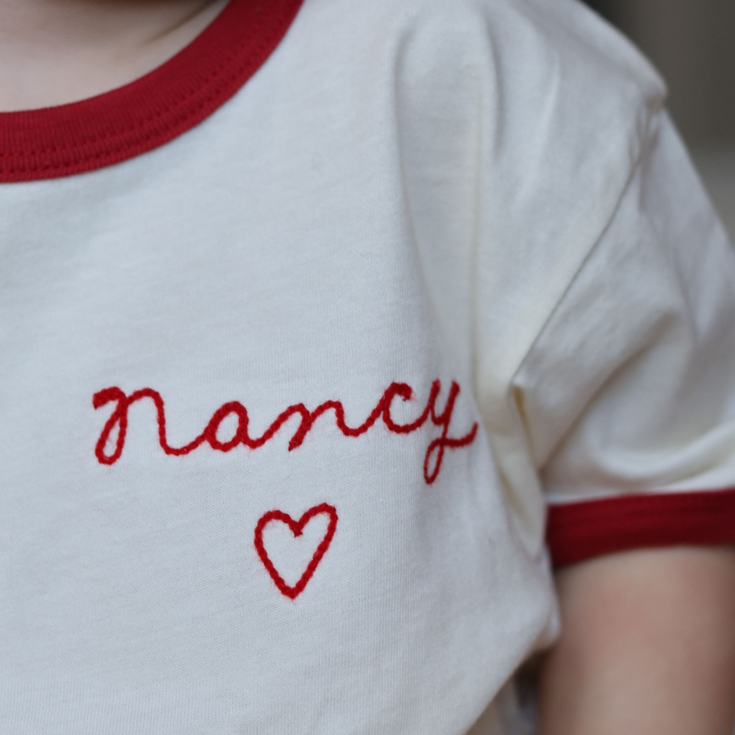 Spil Kids Personalized Chainstitch Embroidered Ringer Tee in Red Trim / White Tee (Limited Time Only!)
