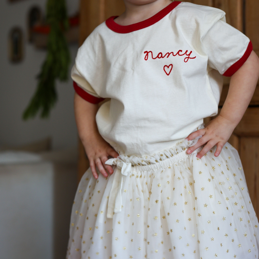 Spil Kids Personalized Chainstitch Embroidered Ringer Tee in Red Trim / White Tee (Limited Time Only!)