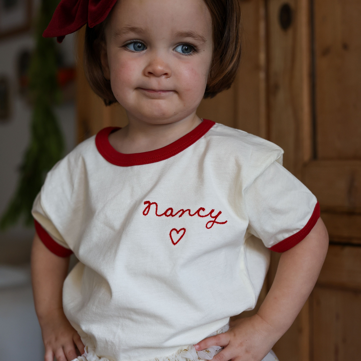 Spil Kids Personalized Chainstitch Embroidered Ringer Tee in Red Trim / White Tee (Limited Time Only!)