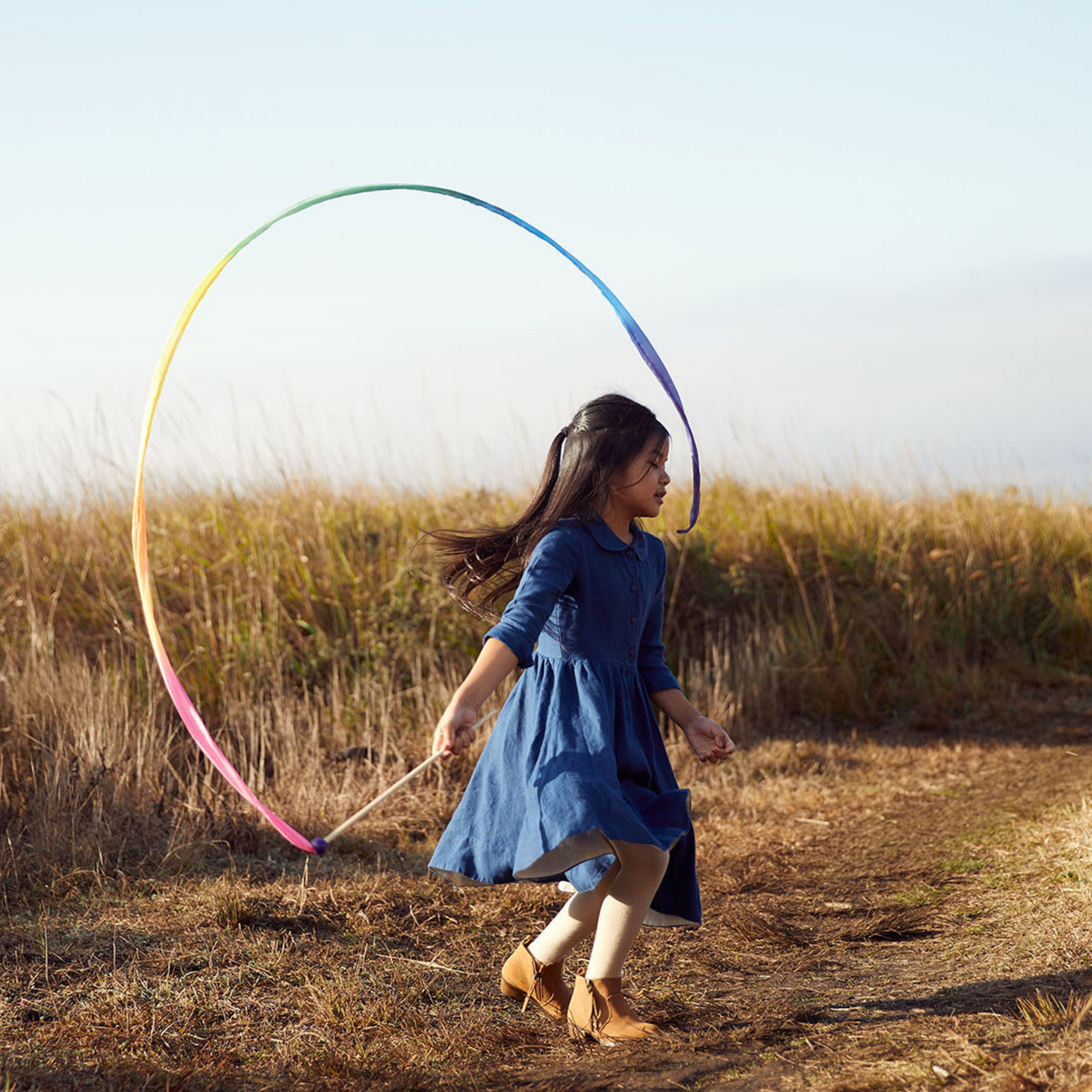 Rainbow Silk and Wood Streamer - Wand For Pretend Play