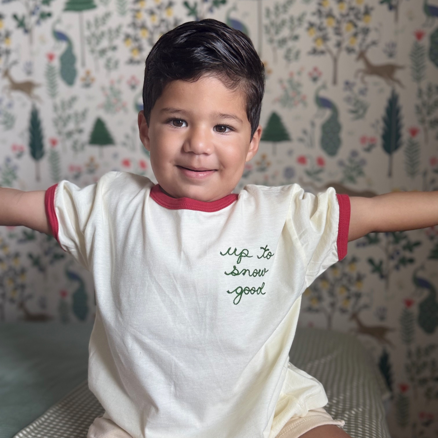 Spil Kids Personalized Chainstitch Embroidered Ringer Tee in Red Trim / White Tee (Limited Time Only!)