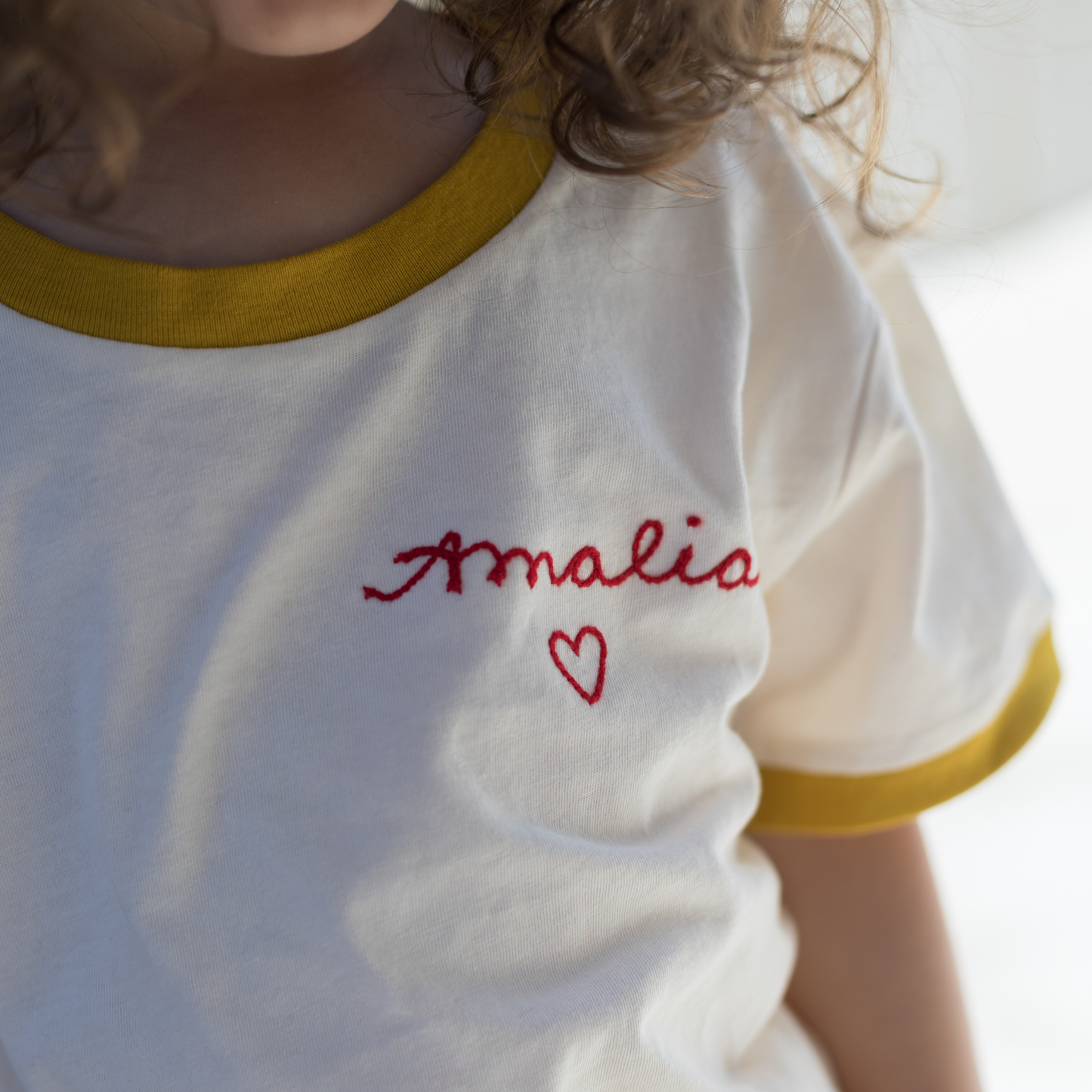 Spil Kids Personalized Chainstitch Embroidered Ringer Tee in Mustard Yellow Trim / Natural Tee (Limited Time Only!)