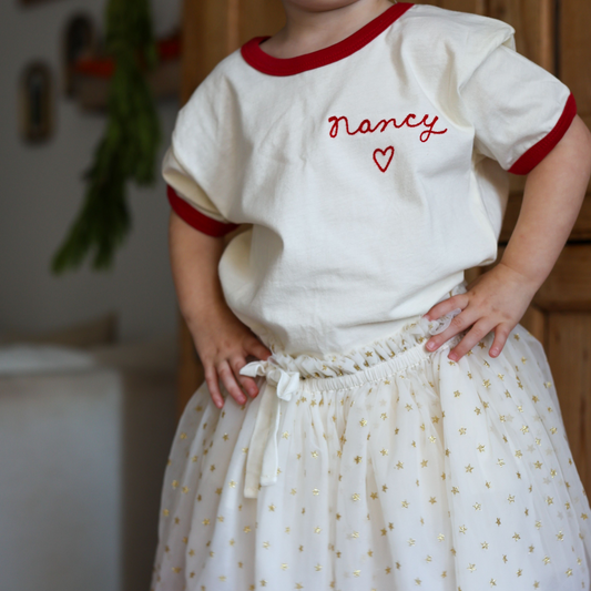 Spil Kids Personalized Chainstitch Embroidered Ringer Tee in Red Trim / White Tee (Limited Time Only!) - ORDER WILL NOT BE DELIVERED UNTIL MID FEBRUARY 2025