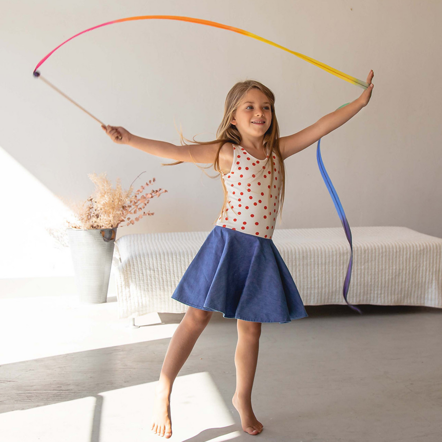 Rainbow Silk and Wood Streamer - Wand For Pretend Play