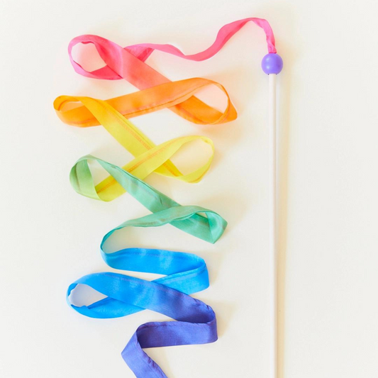 Rainbow Silk and Wood Streamer - Wand For Pretend Play